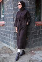 Tesettür giyim KAHVE EKOSE DESENLİ KUŞAKLI KABAN T 5495