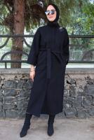 Tesettür giyim LACİVERT EKOSE DESENLİ KUŞAKLI KABAN T 5495