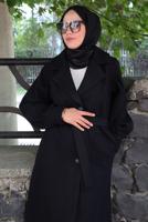 Tesettür giyim SİYAH KUŞAKLI KRUVAZE YAKA KABAN T 6495