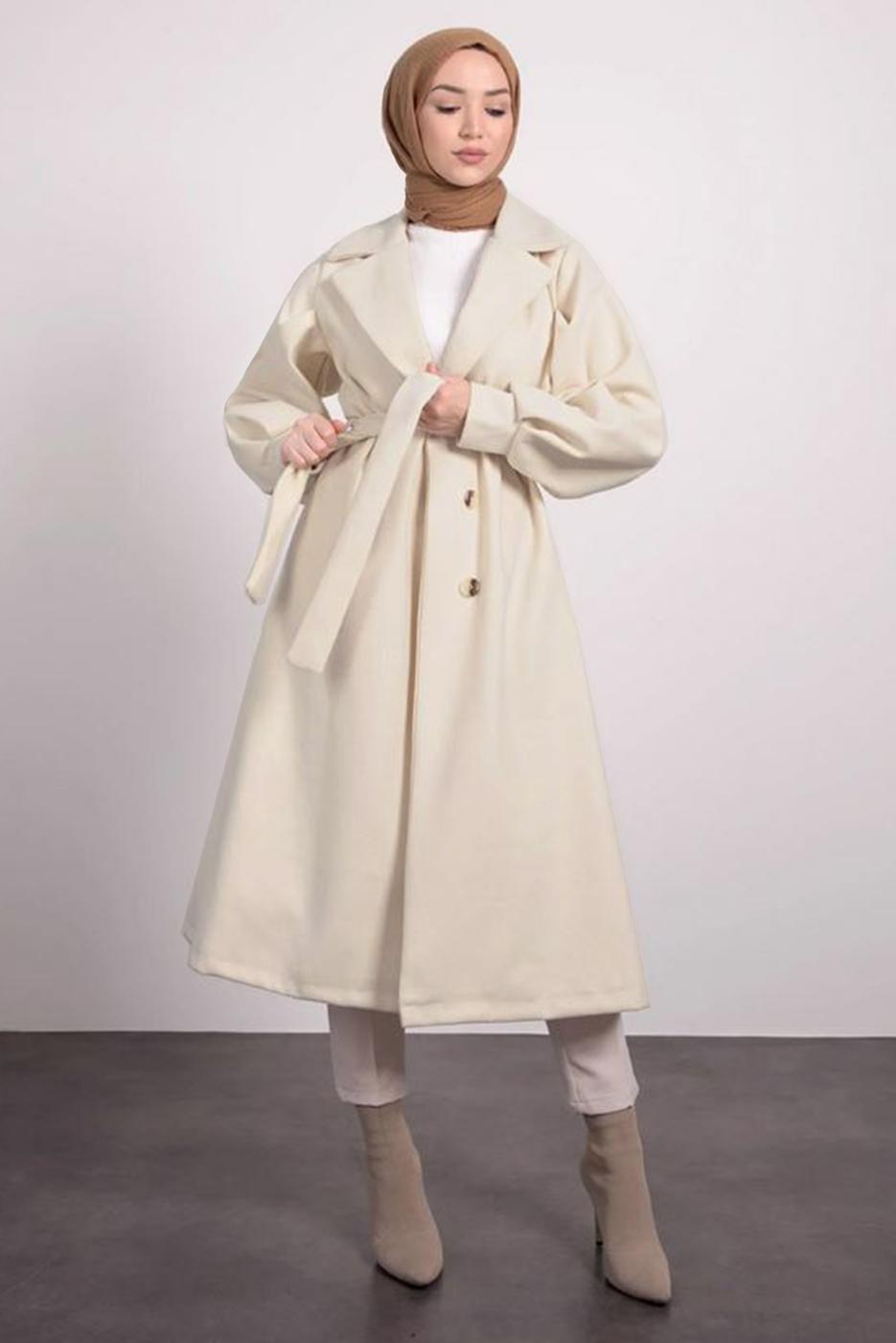 Tesettür giyim KREM KUŞAKLI KRUVAZE YAKA KABAN T 6495