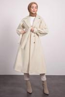 Tesettür giyim KREM KUŞAKLI KRUVAZE YAKA KABAN T 6495