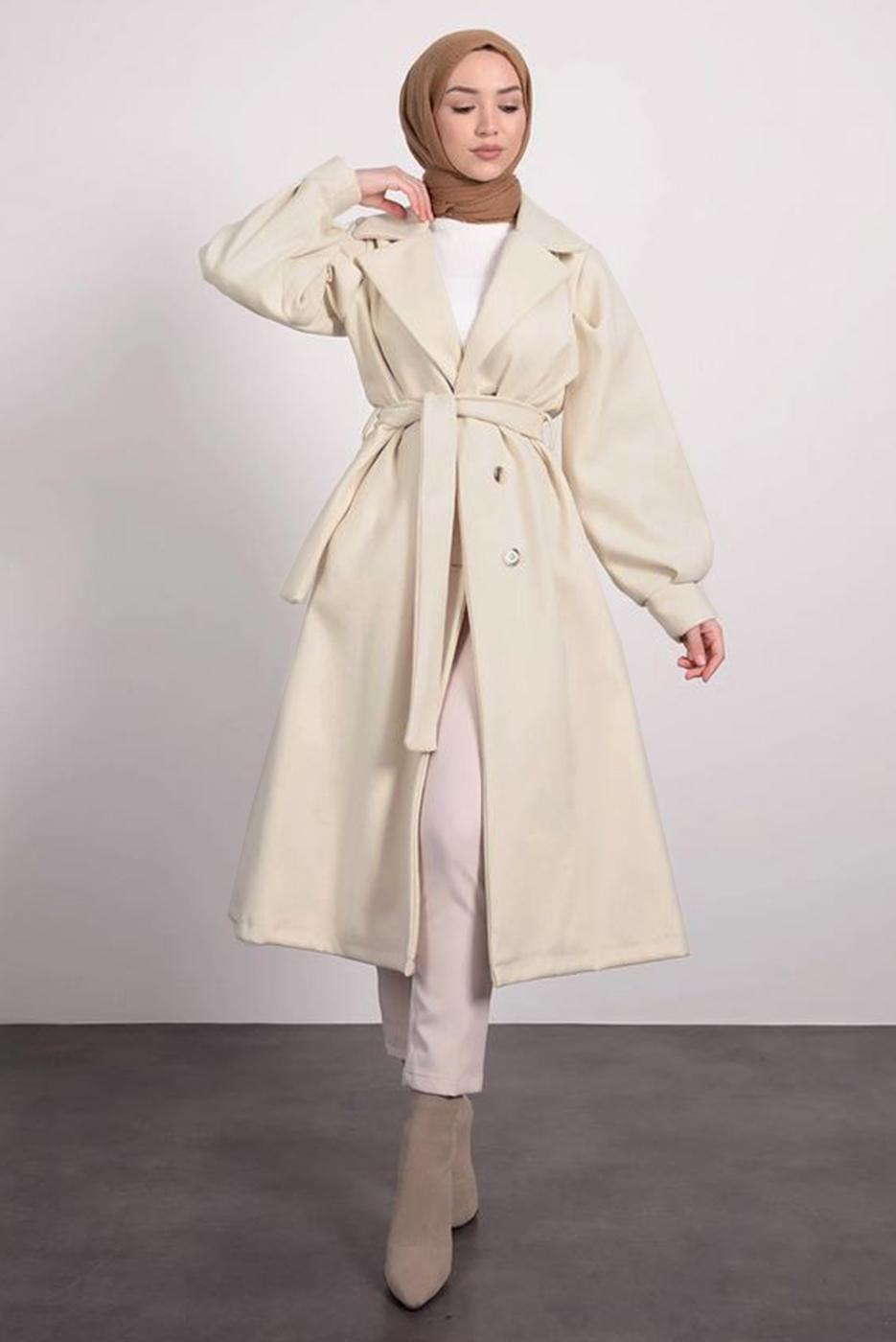 Tesettür giyim KREM KUŞAKLI KRUVAZE YAKA KABAN T 6495