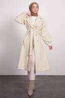 Tesettür giyim KREM KUŞAKLI KRUVAZE YAKA KABAN T 6495