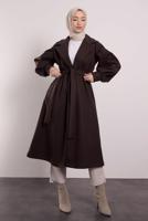 Tesettür giyim KAHVE KUŞAKLI KRUVAZE YAKA KABAN T 6495