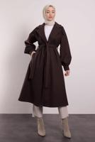 Tesettür giyim KAHVE KUŞAKLI KRUVAZE YAKA KABAN T 6495