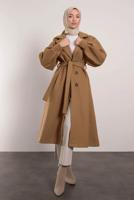 Tesettür giyim KAHVE KUŞAKLI KRUVAZE YAKA KABAN T 6495