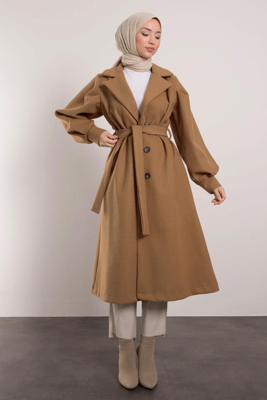 Tesettür giyim KAHVE KUŞAKLI KRUVAZE YAKA KABAN T 6495