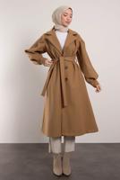 Tesettür giyim KAHVE KUŞAKLI KRUVAZE YAKA KABAN T 6495