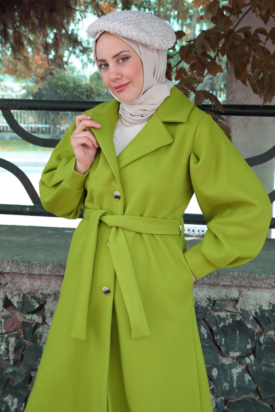 Tesettür giyim YEŞİL KUŞAKLI KRUVAZE YAKA KABAN T 6495