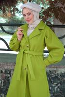 Tesettür giyim YEŞİL KUŞAKLI KRUVAZE YAKA KABAN T 6495