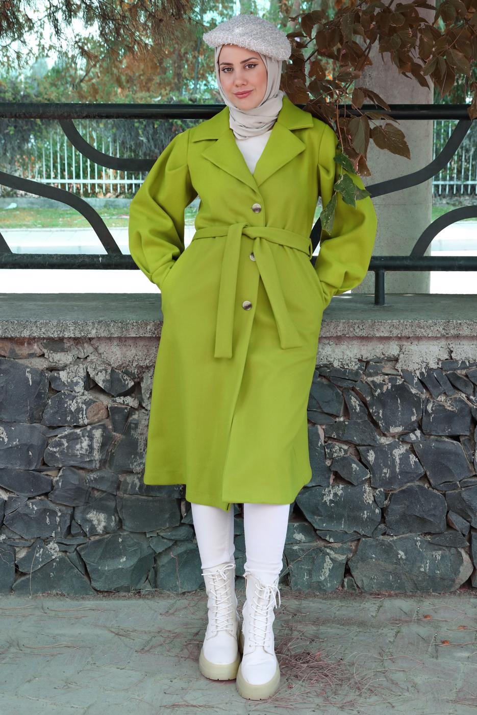 Tesettür giyim YEŞİL KUŞAKLI KRUVAZE YAKA KABAN T 6495