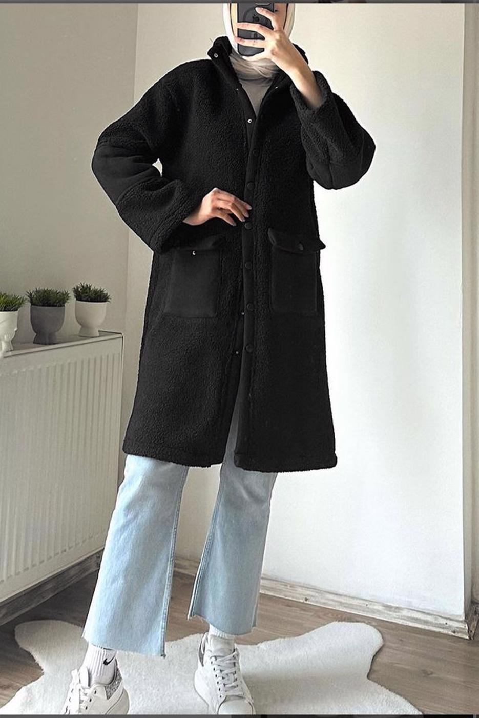 Hijab clothing BLACK STAND-UP COLLAR COAT T 7695