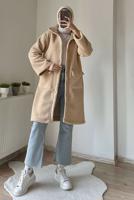 Tesettür giyim BEJ DİK YAKA KABAN T 7695