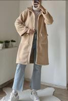 Tesettür giyim BEJ DİK YAKA KABAN T 7695