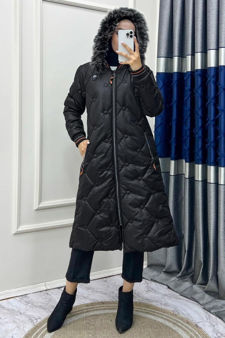 Hijab clothing BLACK FURRY HOODED PUFFER COAT T 807-2