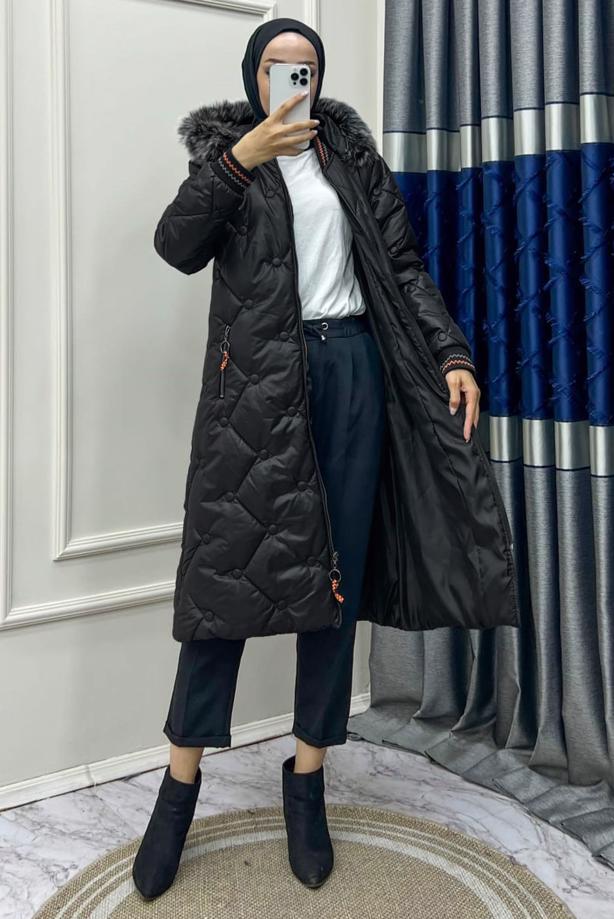 Hijab clothing  FURRY HOODED PUFFER COAT T 807-2 - TRENDTESETTÜR