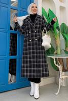 Tesettür giyim SİYAH KARE DESENLİ KAŞE KABAN T 8167