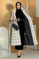 Tesettür giyim EKRU KARE DESENLİ KAŞE KABAN T 8167