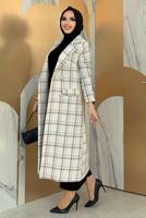 Tesettür giyim EKRU KARE DESENLİ KAŞE KABAN T 8167