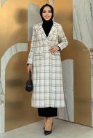Tesettür giyim EKRU KARE DESENLİ KAŞE KABAN T 8167