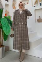 Tesettür giyim KAHVE KARE DESENLİ KAŞE KABAN T 8167