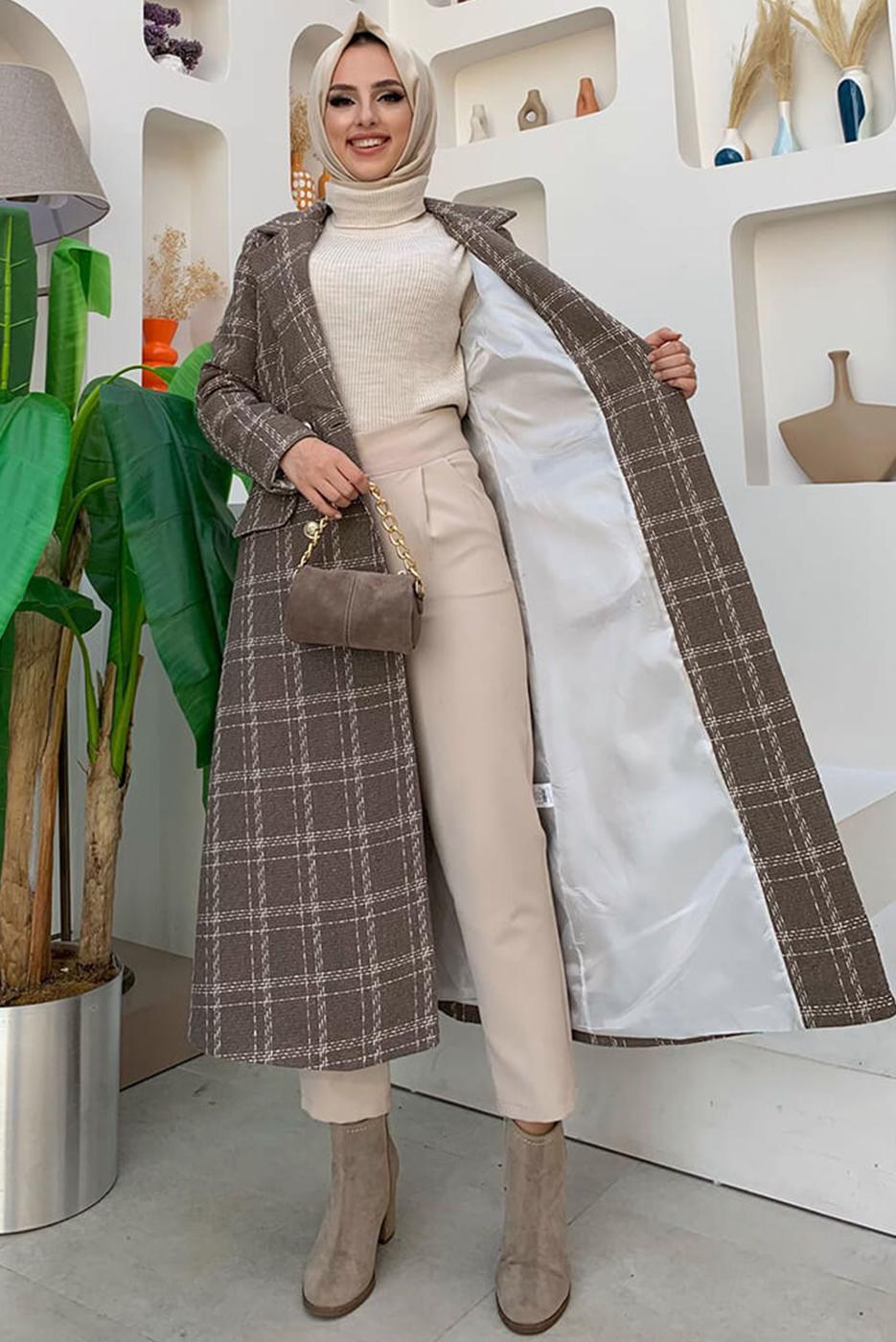 Tesettür giyim KAHVE KARE DESENLİ KAŞE KABAN T 8167