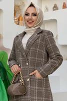 Tesettür giyim KAHVE KARE DESENLİ KAŞE KABAN T 8167