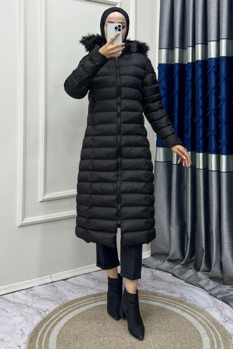 Hijab clothing BLACK FURRY HOODED PUFFER ZIPPERED COAT T 8483