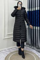 Hijab clothing BLACK FURRY HOODED PUFFER ZIPPERED COAT T 8483