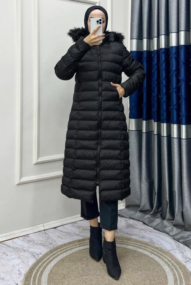 Hijab clothing  FURRY HOODED PUFFER ZIPPERED COAT T 8483 - TRENDTESETTÜR