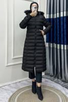 Hijab clothing BLACK FURRY HOODED PUFFER ZIPPERED COAT T 8483