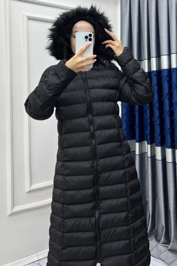 Hijab clothing  FURRY HOODED PUFFER ZIPPERED COAT T 8483 - TRENDTESETTÜR
