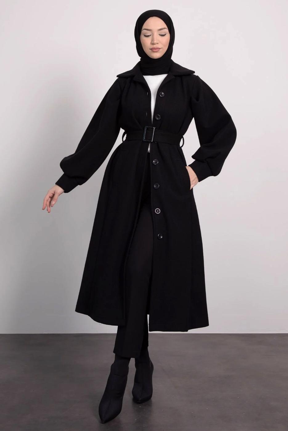 Tesettür giyim SİYAH KEMERLİ KABAN T 8595