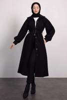 Tesettür giyim SİYAH KEMERLİ KABAN T 8595