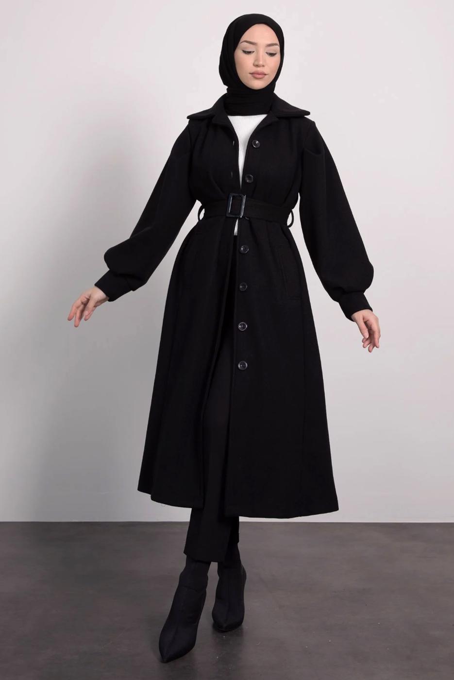 Tesettür giyim SİYAH KEMERLİ KABAN T 8595