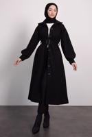 Tesettür giyim SİYAH KEMERLİ KABAN T 8595