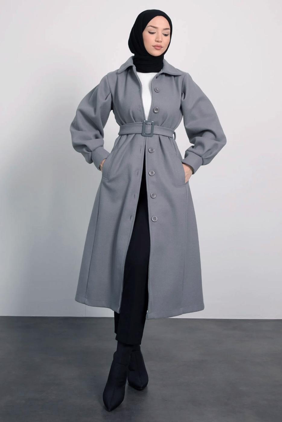 Tesettür giyim GRİ KEMERLİ KABAN T 8595