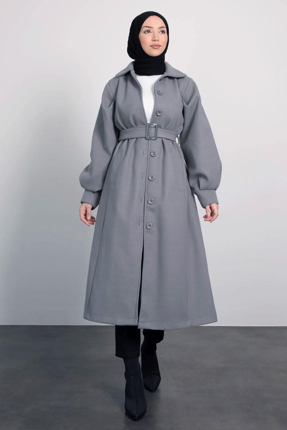 Tesettür giyim GRİ KEMERLİ KABAN T 8595