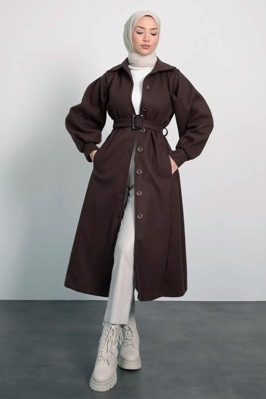 Tesettür giyim KAHVE KEMERLİ KABAN T 8595