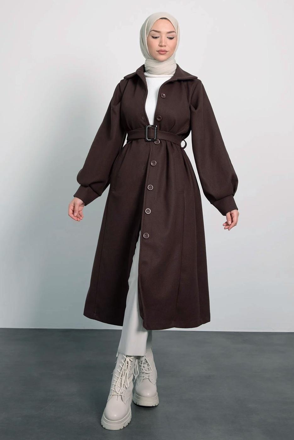 Tesettür giyim KAHVE KEMERLİ KABAN T 8595