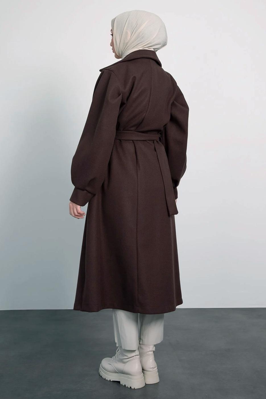 Tesettür giyim KAHVE KEMERLİ KABAN T 8595