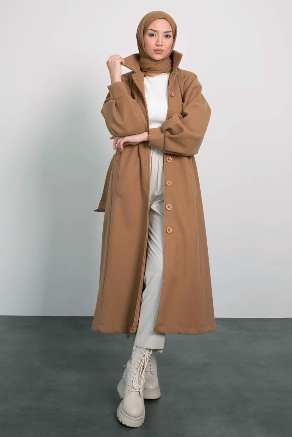 Tesettür giyim TABA KEMERLİ KABAN T 8595