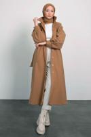 Tesettür giyim TABA KEMERLİ KABAN T 8595