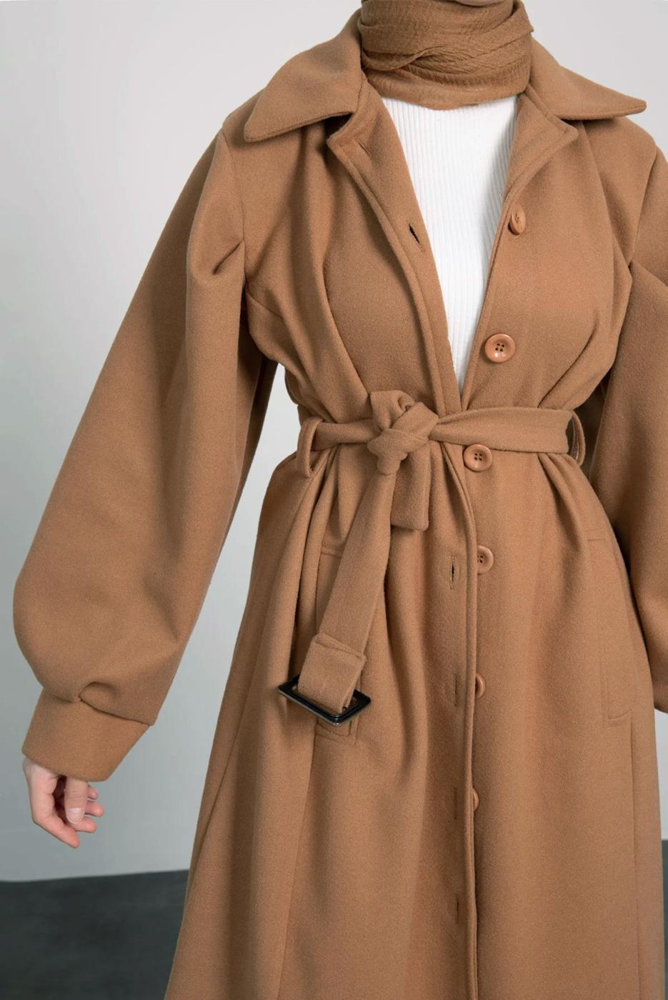 Tesettür giyim TABA KEMERLİ KABAN T 8595