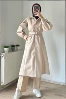 Tesettür giyim BEJ KEMERLİ KABAN T 8595