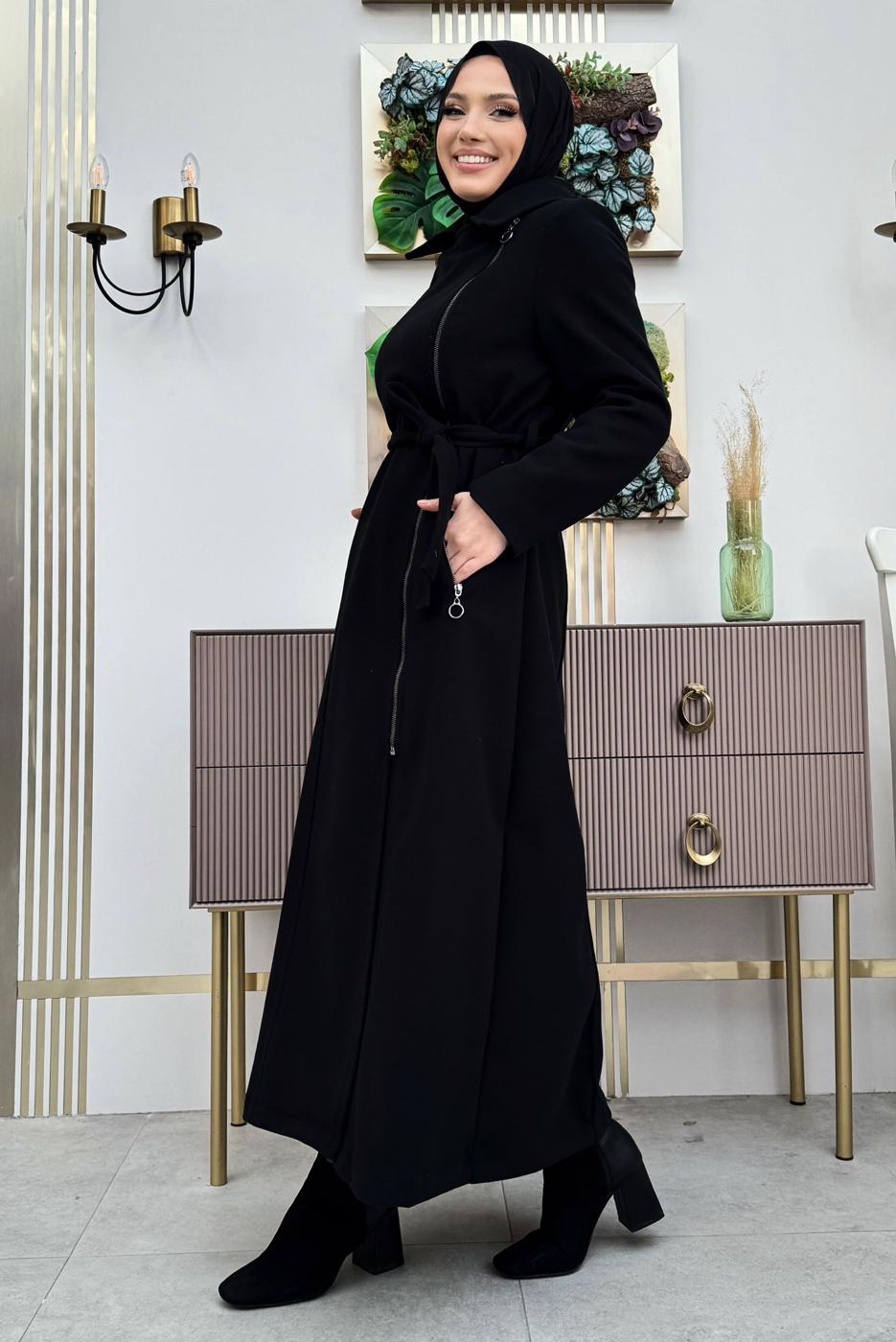 Tesettür giyim SİYAH KUŞAKLI MANTO T 8777