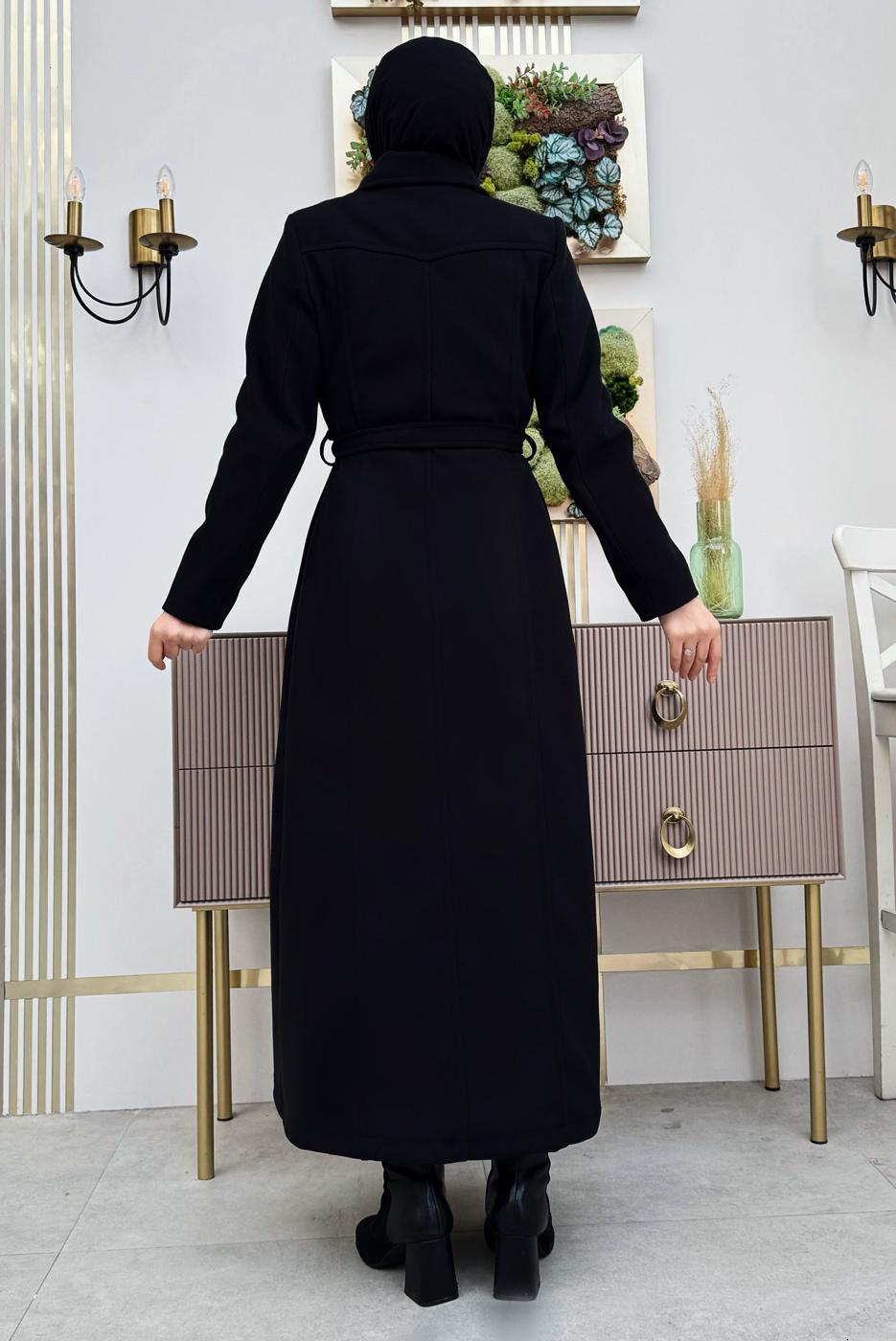 Tesettür giyim SİYAH KUŞAKLI MANTO T 8777