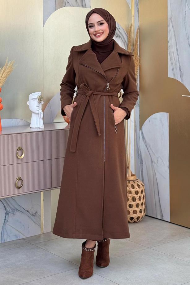 Vêtements hijab BRUN MANTEAU CEINTURE T 8777 - TRENDTESETTÜR