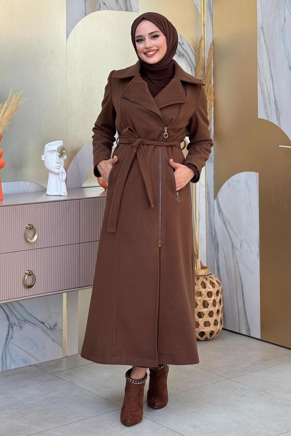 Tesettür giyim KAHVE KUŞAKLI MANTO T 8777
