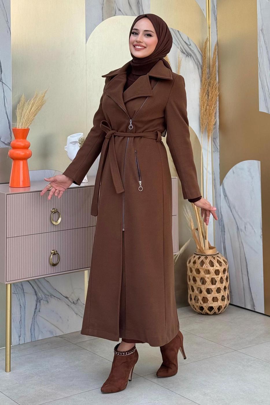 Tesettür giyim KAHVE KUŞAKLI MANTO T 8777